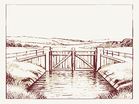 Decorative drawing: a canal lock with timber gates and a towpath. Not a photograph of this place.