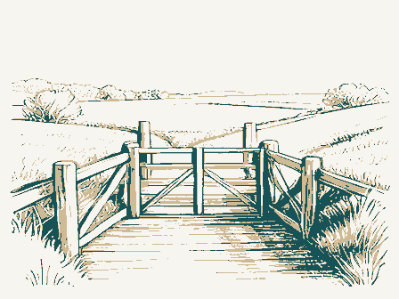 Decorative drawing: a canal lock with timber gates and a towpath. Not a photograph of this place.