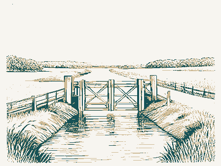Decorative drawing: a canal lock with timber gates and a towpath. Not a photograph of this place.