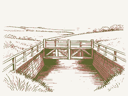 Decorative drawing: a canal lock with timber gates and a towpath. Not a photograph of this place.