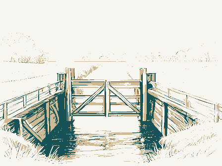 Decorative drawing: a canal lock with timber gates and a towpath. Not a photograph of this place.