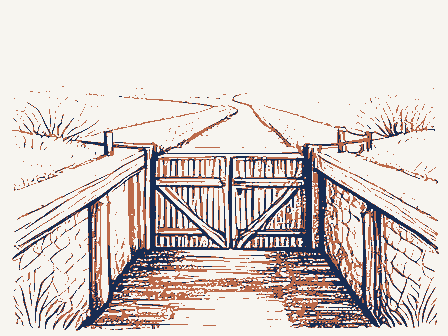 Decorative drawing: a canal lock with timber gates and a towpath. Not a photograph of this place.
