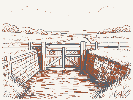 Decorative drawing: a canal lock with timber gates and a towpath. Not a photograph of this place.