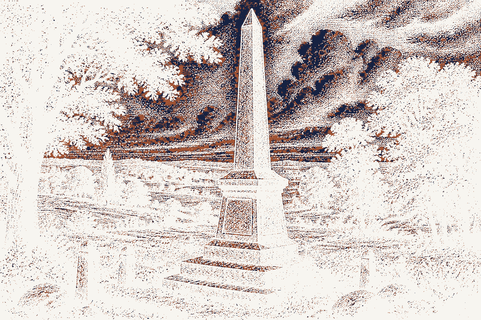 Decorative drawing: a stone memorial obelisk on a green. Not a photograph of this place.