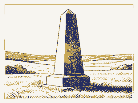 Decorative drawing: a stone memorial obelisk on a green. Not a photograph of this place.