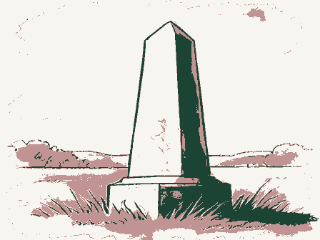 Decorative drawing: a stone memorial obelisk on a green. Not a photograph of this place.