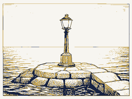 Decorative drawing: a harbour light on a stone pier. Not a photograph of this place.