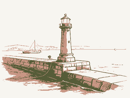 Decorative drawing: a harbour light on a stone pier. Not a photograph of this place.
