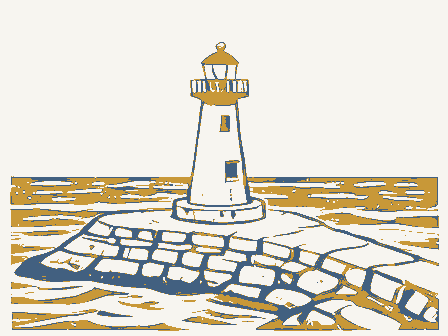 Decorative drawing: a harbour light on a stone pier. Not a photograph of this place.