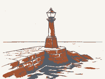 Decorative drawing: a harbour light on a stone pier. Not a photograph of this place.