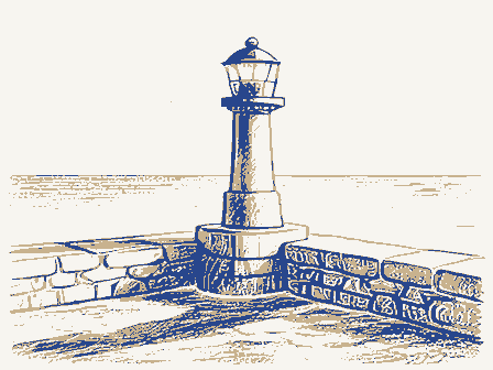 Decorative drawing: a harbour light on a stone pier. Not a photograph of this place.