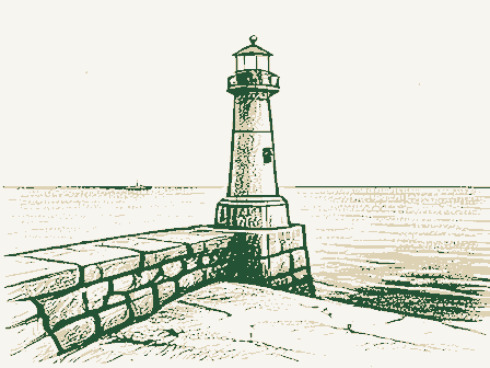 Decorative drawing: a harbour light on a stone pier. Not a photograph of this place.