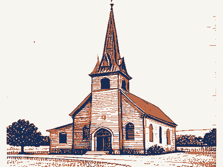 Decorative drawing: a plain country church with a tall steeple. Not a photograph of this place.