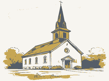Decorative drawing: a plain country church with a tall steeple. Not a photograph of this place.