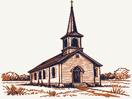 Decorative drawing: a plain country church with a tall steeple. Not a photograph of this place.