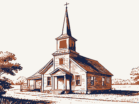 Decorative drawing: a plain country church with a tall steeple. Not a photograph of this place.