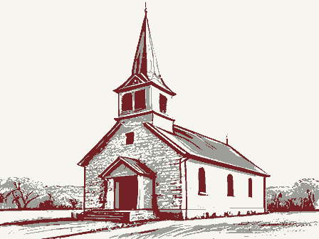 Decorative drawing: a plain country church with a tall steeple. Not a photograph of this place.