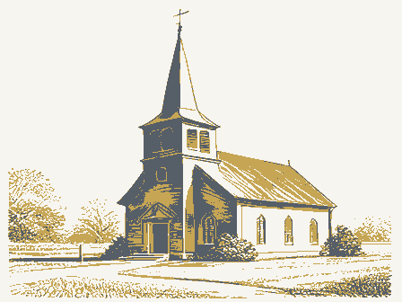 Decorative drawing: a plain country church with a tall steeple. Not a photograph of this place.