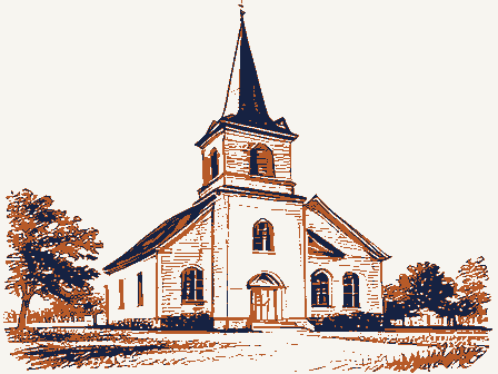 Decorative drawing: a plain country church with a tall steeple. Not a photograph of this place.