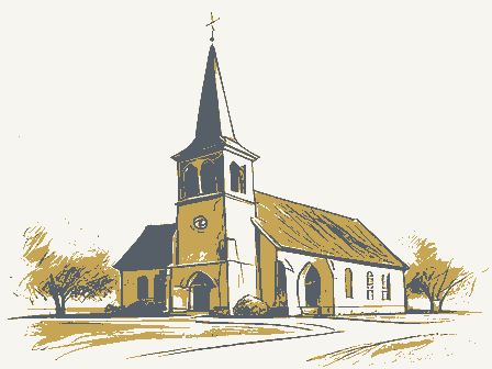 Decorative drawing: a plain country church with a tall steeple. Not a photograph of this place.