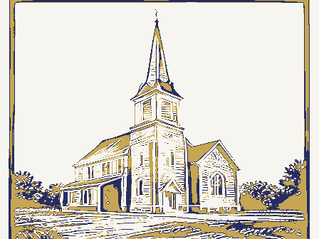 Decorative drawing: a plain country church with a tall steeple. Not a photograph of this place.