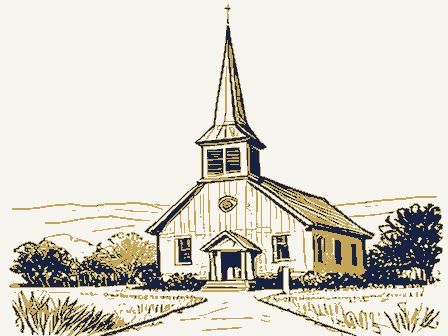 Decorative drawing: a plain country church with a tall steeple. Not a photograph of this place.