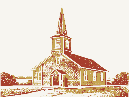 Decorative drawing: a plain country church with a tall steeple. Not a photograph of this place.