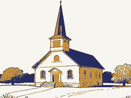 Decorative drawing: a plain country church with a tall steeple. Not a photograph of this place.