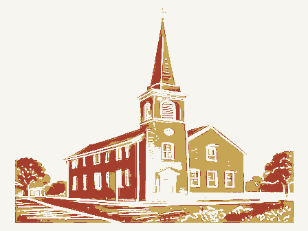 Decorative drawing: a plain country church with a tall steeple. Not a photograph of this place.