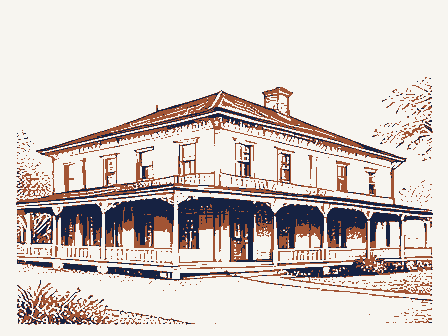 Decorative drawing: a nineteenth-century hotel with a deep verandah across its front. Not a photograph of this place.