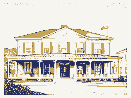 Decorative drawing: a nineteenth-century hotel with a deep verandah across its front. Not a photograph of this place.