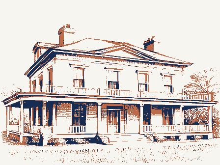 Decorative drawing: a nineteenth-century hotel with a deep verandah across its front. Not a photograph of this place.