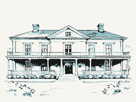 Decorative drawing: a nineteenth-century hotel with a deep verandah across its front. Not a photograph of this place.