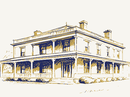 Decorative drawing: a nineteenth-century hotel with a deep verandah across its front. Not a photograph of this place.