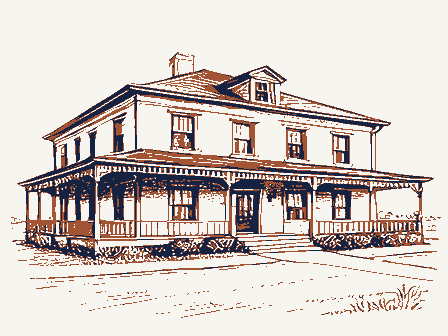 Decorative drawing: a nineteenth-century hotel with a deep verandah across its front. Not a photograph of this place.