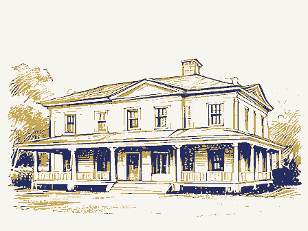 Decorative drawing: a nineteenth-century hotel with a deep verandah across its front. Not a photograph of this place.