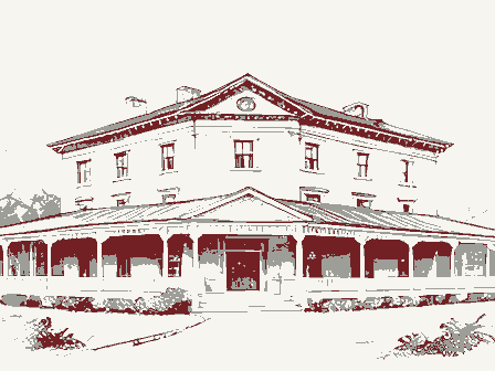 Decorative drawing: a nineteenth-century hotel with a deep verandah across its front. Not a photograph of this place.