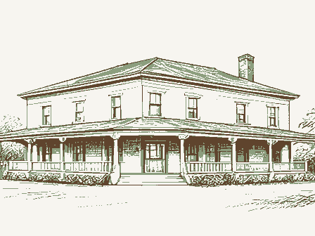 Decorative drawing: a nineteenth-century hotel with a deep verandah across its front. Not a photograph of this place.