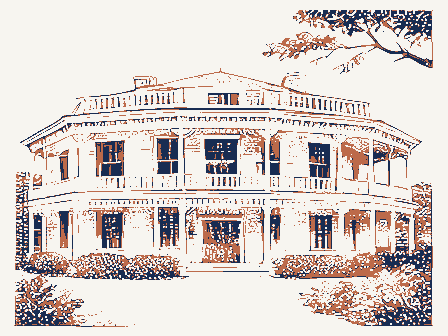 Decorative drawing: a nineteenth-century hotel with a deep verandah across its front. Not a photograph of this place.