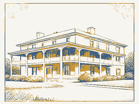 Decorative drawing: a nineteenth-century hotel with a deep verandah across its front. Not a photograph of this place.