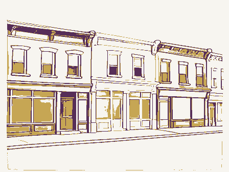 Decorative drawing: a row of nineteenth-century main-street storefronts. Not a photograph of this place.