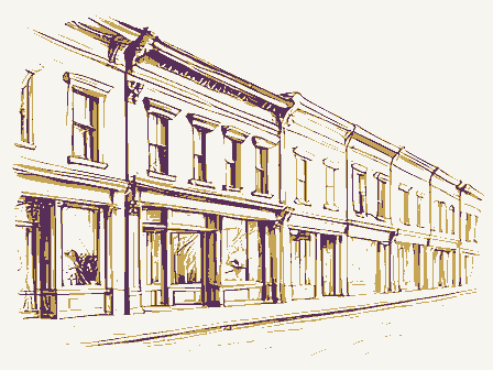 Decorative drawing: a row of nineteenth-century main-street storefronts. Not a photograph of this place.