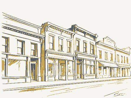 Decorative drawing: a row of nineteenth-century main-street storefronts. Not a photograph of this place.