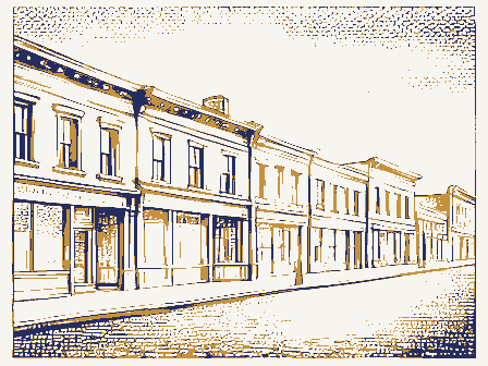 Decorative drawing: a row of nineteenth-century main-street storefronts. Not a photograph of this place.