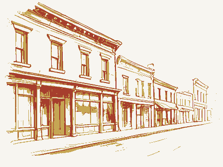 Decorative drawing: a row of nineteenth-century main-street storefronts. Not a photograph of this place.