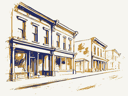 Decorative drawing: a row of nineteenth-century main-street storefronts. Not a photograph of this place.