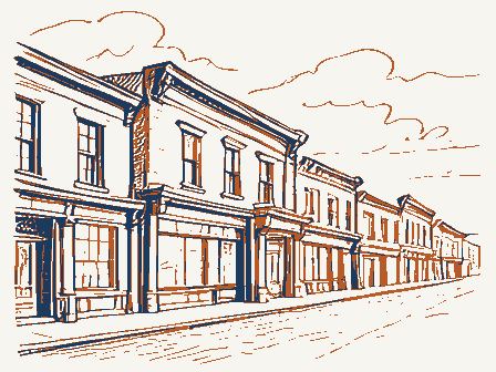 Decorative drawing: a row of nineteenth-century main-street storefronts. Not a photograph of this place.