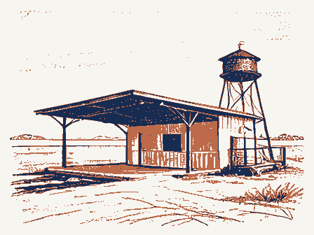 Decorative drawing: a small railway depot with a platform canopy and a water tower. Not a photograph of this place.
