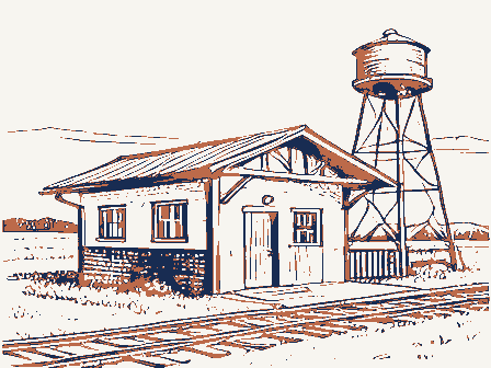 Decorative drawing: a small railway depot with a platform canopy and a water tower. Not a photograph of this place.