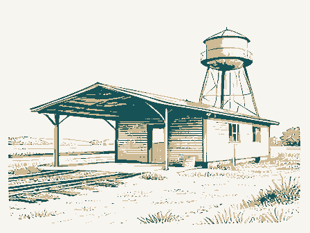 Decorative drawing: a small railway depot with a platform canopy and a water tower. Not a photograph of this place.